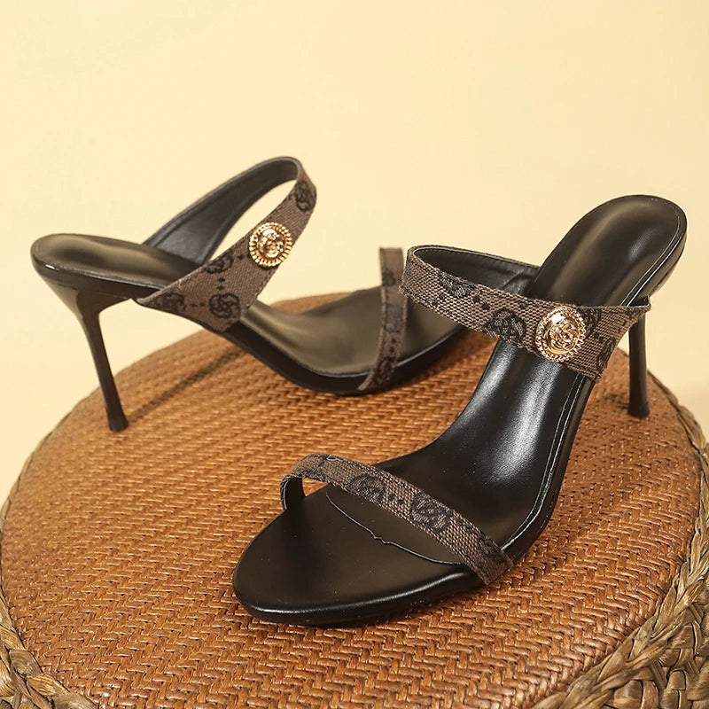 Flower Embroidery Stiletto Heel Slippers Women 2025 Summer Open Toe High Heels Sandals Woman Brand Fashion Party Shoes Plus Size