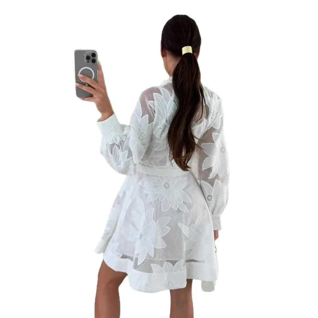 Fashionable Ins Embroidered Lace Dress Cross-Border Independent Station Floral Midi Skirt Polyester Fiber Full Sleeve