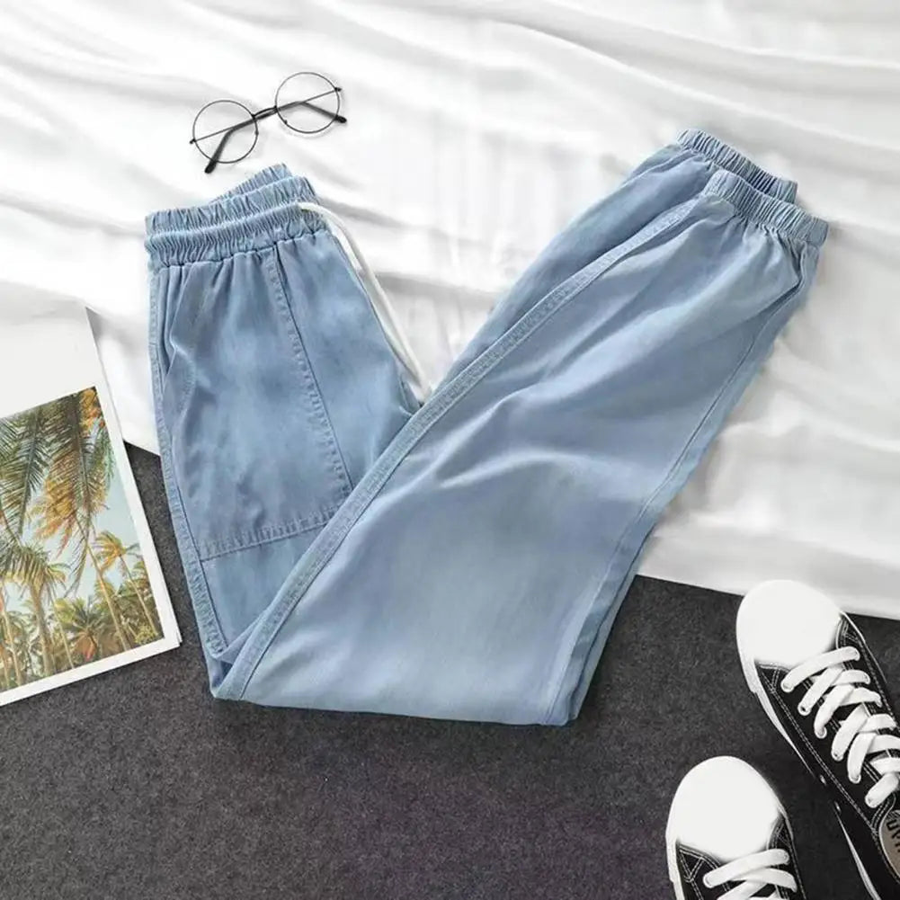 Summer Thin Ice Silk Jeans Women Elastic High Waist Drawstring Harem Pants Loose All-matched Beam Leg Nine Points Denim Pants