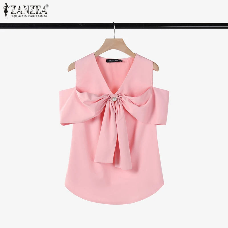 Women Summer Bow Tie Blouse 2025 ZANZEA Elegant Solid OL Work Shirt Casual V Neck Sleeveless Holiday Tops Stylish Party Blusas