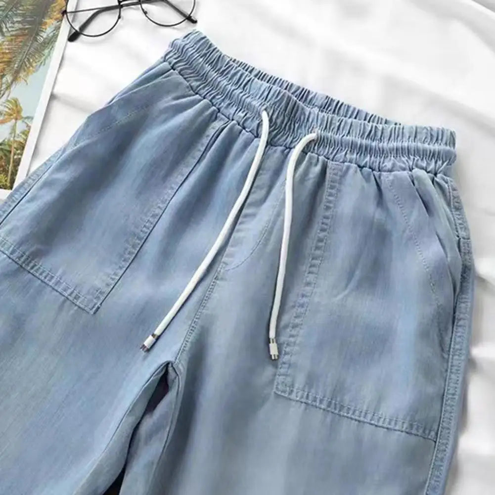 Summer Thin Ice Silk Jeans Women Elastic High Waist Drawstring Harem Pants Loose All-matched Beam Leg Nine Points Denim Pants