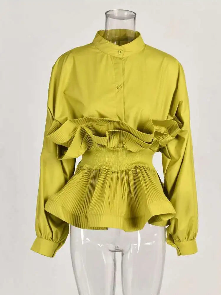 XFPV Women Puff Sleeve Pleated Ruffle Solid Casual Blouse Patchwork Y2k Top Slim Waist Shirt Sweet Summer Spring 2025 SM2983