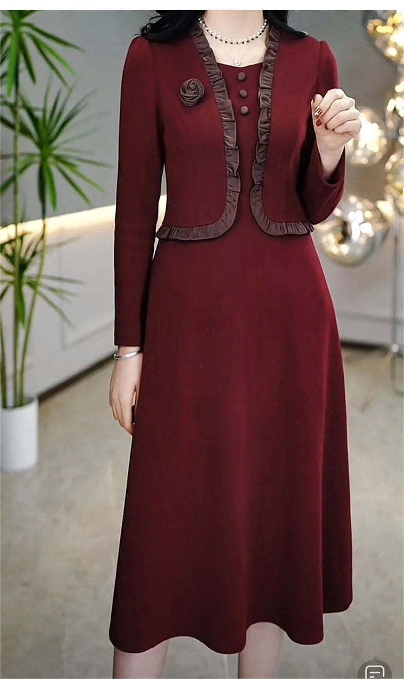 Autumn Winter Add Velvet Long Dress Women Fake Two Pieces Long Sleeve Dress High End Elegant Mother Wedding Party Dress Vestidos
