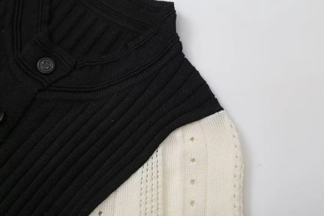 Elegant Knitted Patchwork Midi Dress Women's Short Sleeve High Waist Casual Single-Breasted Curvy Dresses Summer Black Apricot