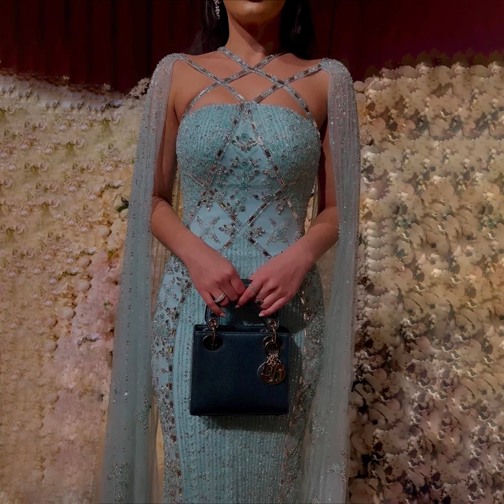Mermaid Cape Sleeves Evening Dress Elegant Blue Luxury Beaded Crystal Tulle Prom Gowns Floor Length Party vestido For Women
