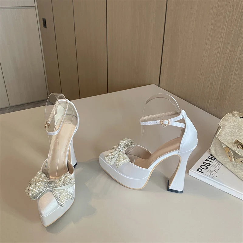Liyke Ins Style Pearl Butterfly-Knot Women High Heels Sandals Sexy Thick Bottom Pointed Toe Platform Pumps Wedding Banquet Shoes