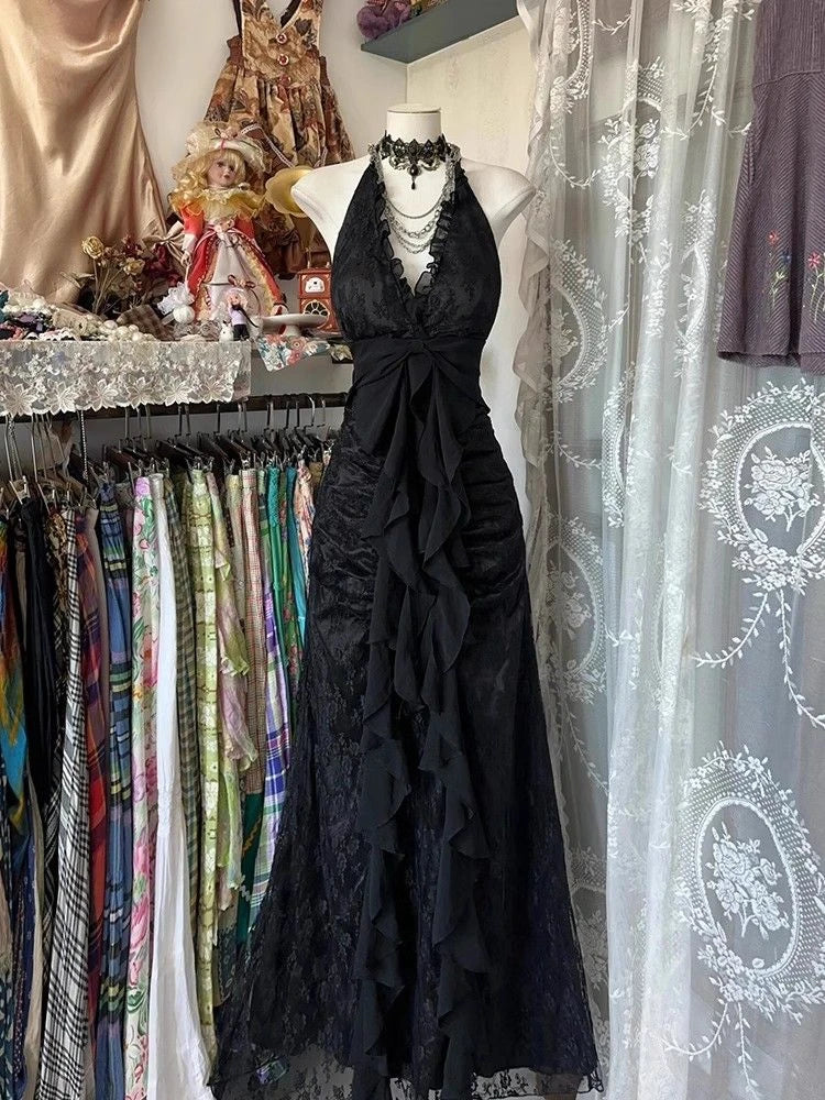 2000s Vintage Y2k Dress Women Bodycon Sexy Y2k Evening Party Dress Sweet Slim Elegant Office Lady One Piece Dress Korean Chic