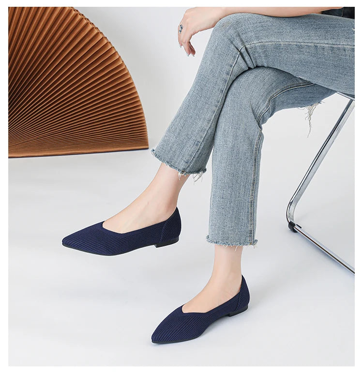 Women's flat shoes with pointed soft knitted sole breathable and comfortable shoes Spring and Autumn 2024 new model