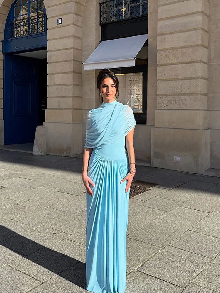 Irregular One Shoulder Pleated Dress Women's Vintage Mock Neck Slim Fit Mini Vestidos 2025 Lady Summer Vacation Party Gowns New