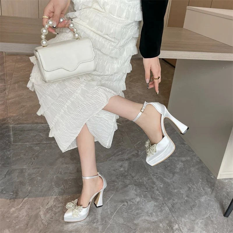 Liyke Ins Style Pearl Butterfly-Knot Women High Heels Sandals Sexy Thick Bottom Pointed Toe Platform Pumps Wedding Banquet Shoes
