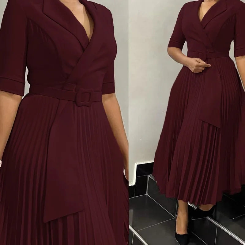 Elegant Office Ladies Dresses 2024 Autumn Fall Notched Collar Half Sleeve Belt Waisted Mid Calf Female Birthday Party Dress Midi