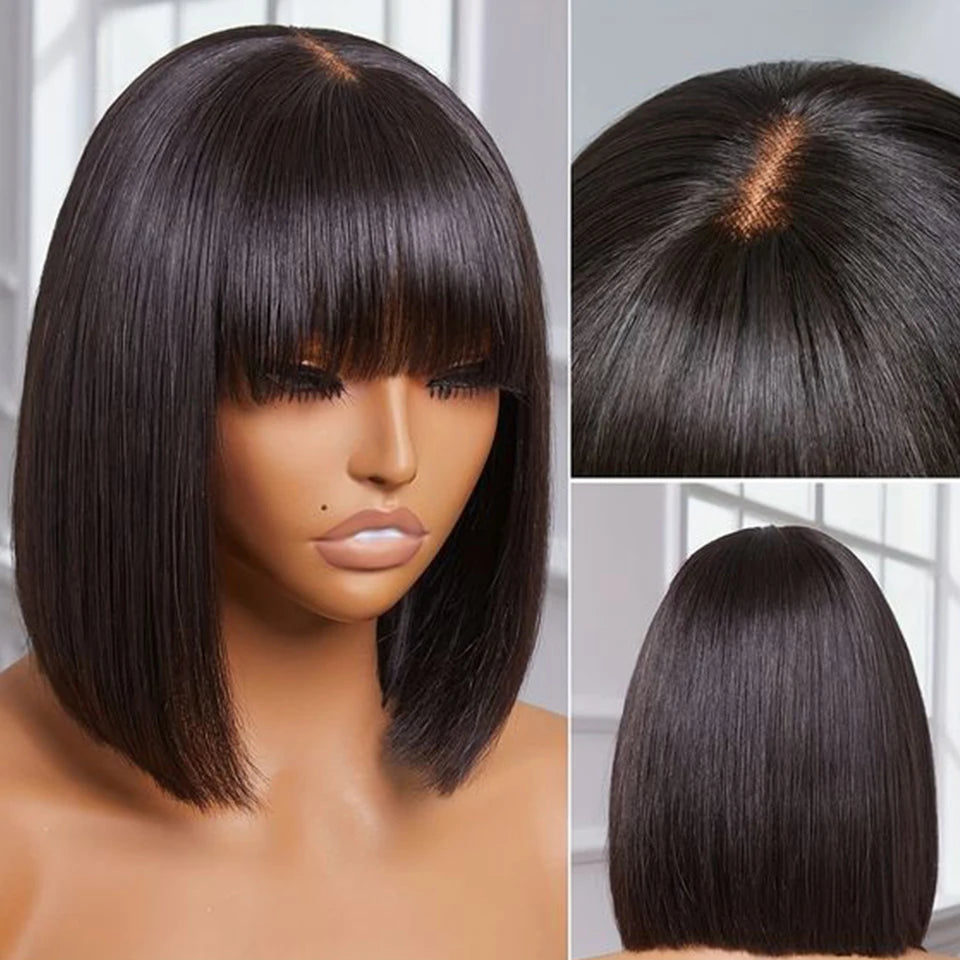 Brazilian Straight Bob Lace Wigs Glueless Straight Human Hair Wigs With Bangs Fringe Middle Part Bob Lace Wigs Realistic Scalp