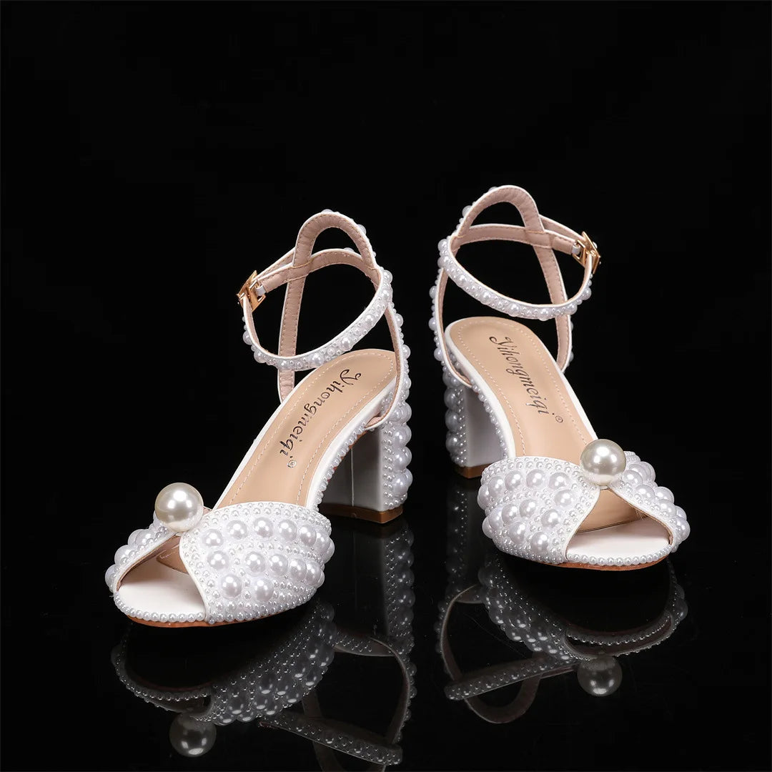 2024 Autumn New Fish Mouth High Heels Slim Heels Shallow Mouth Water Diamond Pearl Women's Single Shoes Wedding Wedding Shoes
