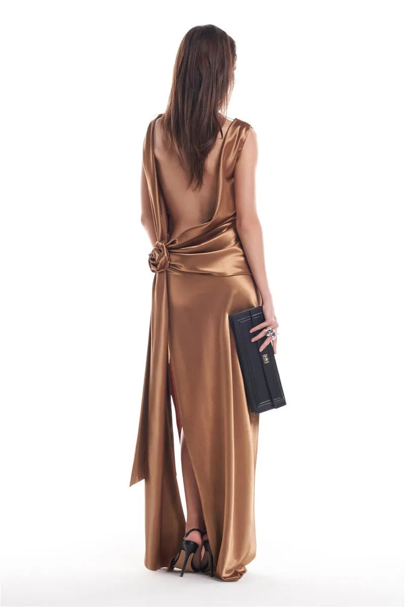 Mozision Satin Backless Sexy Maxi Dress For Women Elegant Rose Thigh High Split Beach Holiday Long Dress Gorgeous Club Gown