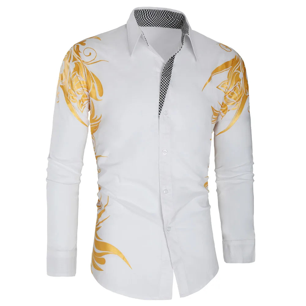 2024 Men's Brand Shirt, Luxury Gold High Quality Long Sleeve Shirts, Business White Black Men Dress Prom Social Print Shirts