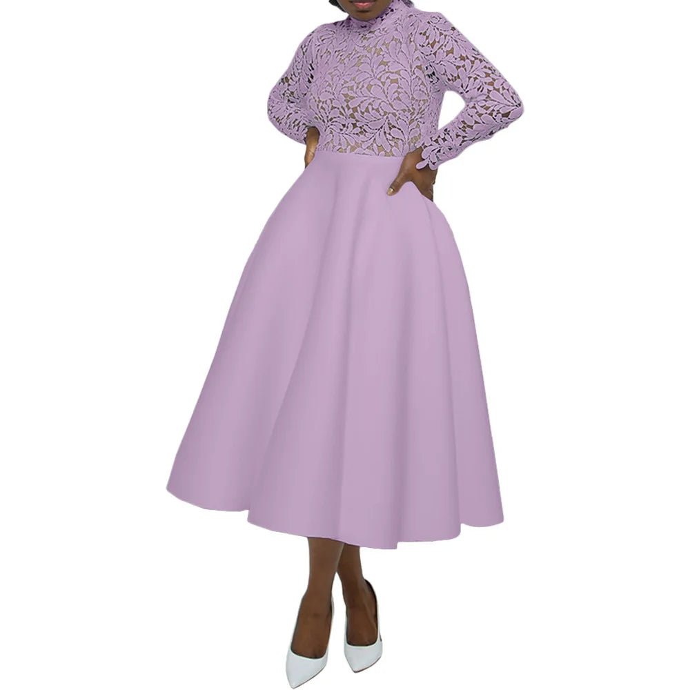 Women Long Dress A Line Dresses Lace Floral Party Night Wedding Mock Neck White Prom Hight Waist Slim Elegant Maxi Vestidos