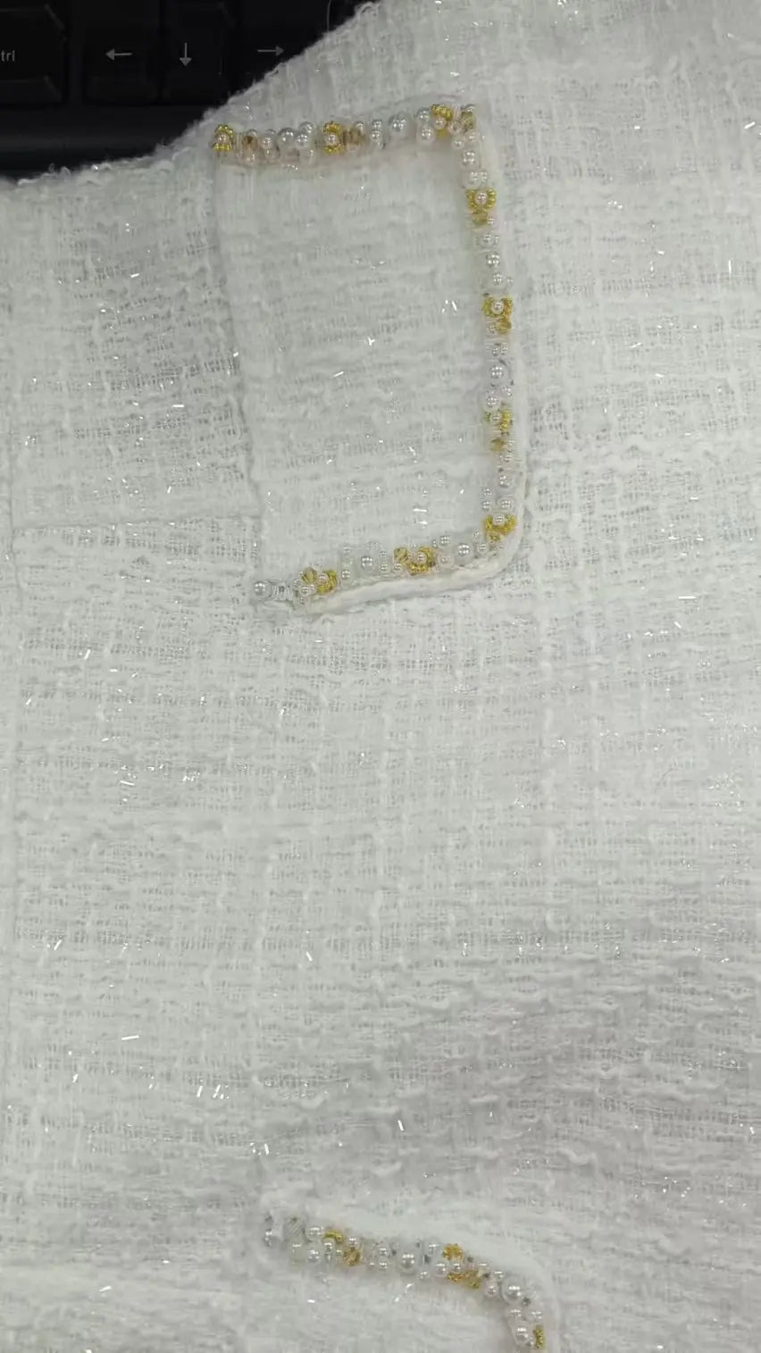 White Shoulder Pad Short Sleeve Party Dress Women's Elegant Tweed A-line O-neck Patchwork Luxury Black Evening Dresses Birthday