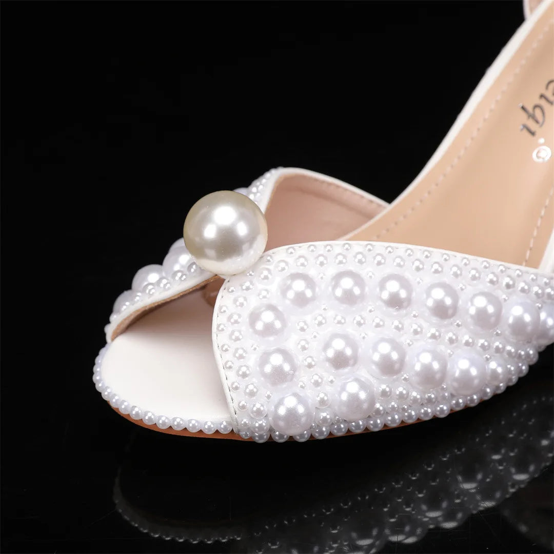 2024 Autumn New Fish Mouth High Heels Slim Heels Shallow Mouth Water Diamond Pearl Women's Single Shoes Wedding Wedding Shoes