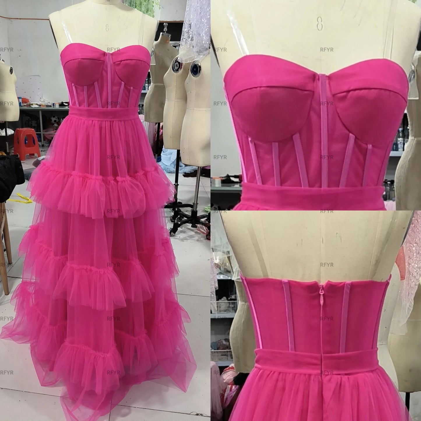 RFYR Fuschia Tiered Ruffles Tulle Prom Dresses Sweetheart Sleeveless Pleat Ruched Saudi Arabic Evening Party Gown Customized