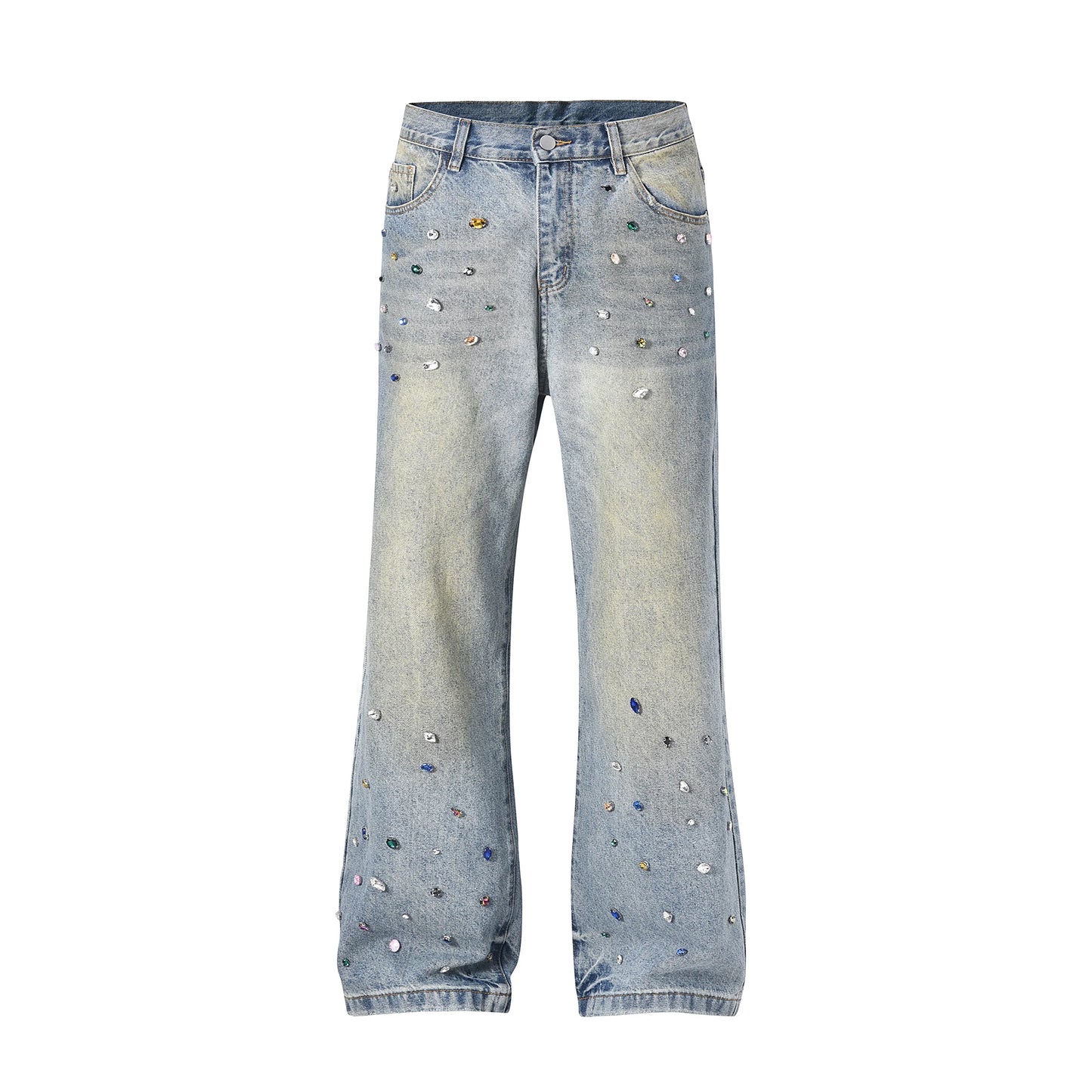 Full Rhinestone Print Washed Blue Baggy Jeans Mens and Women Ropa Hombre Streetwear Solid Casual Denim Trousers Loose Cargos