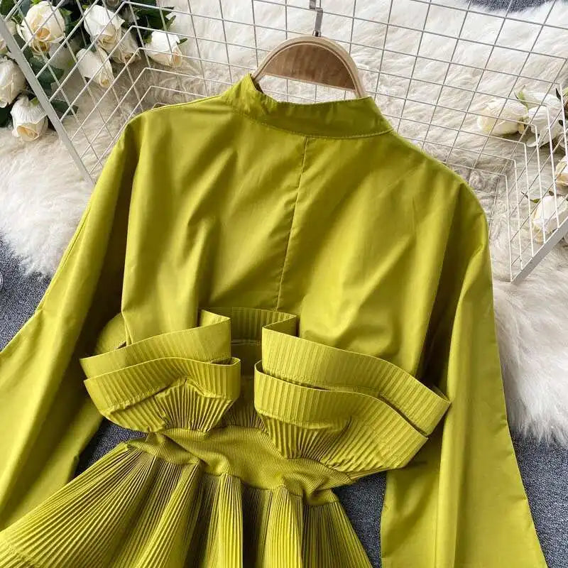 XFPV Women Puff Sleeve Pleated Ruffle Solid Casual Blouse Patchwork Y2k Top Slim Waist Shirt Sweet Summer Spring 2025 SM2983