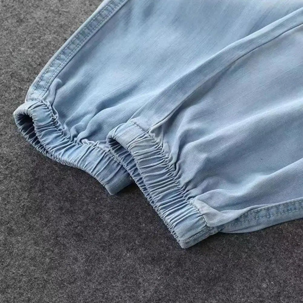 Summer Thin Ice Silk Jeans Women Elastic High Waist Drawstring Harem Pants Loose All-matched Beam Leg Nine Points Denim Pants