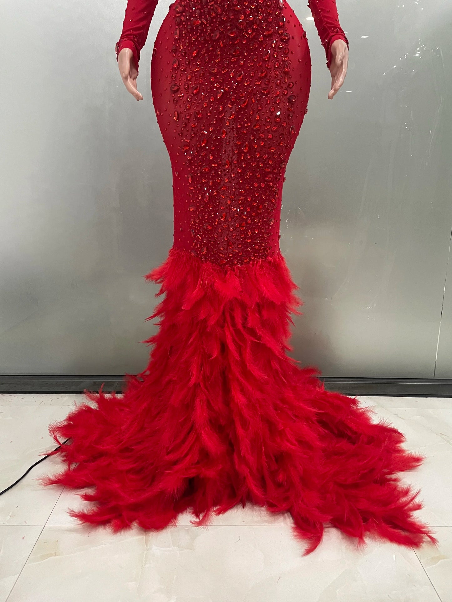 Luxury Sparkling Red Crystals Feathers Mermaid Long Sleeve Maxi Dress Women Formal Occasions Wedding Celebrate Party Prom Gown