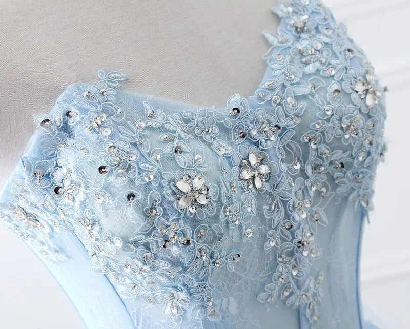 New light blue sweat long lady girl women princess prom banquet party wedding bridal dress gown