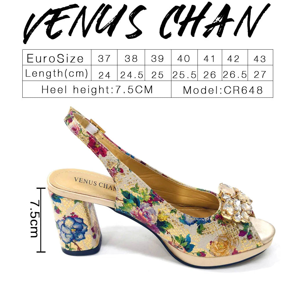Venus Chan Italian Sandals and Bags Matching Set 2024 Women Heel Party for Gold Colour Wedding Bigger Size Thick Heel Shoes
