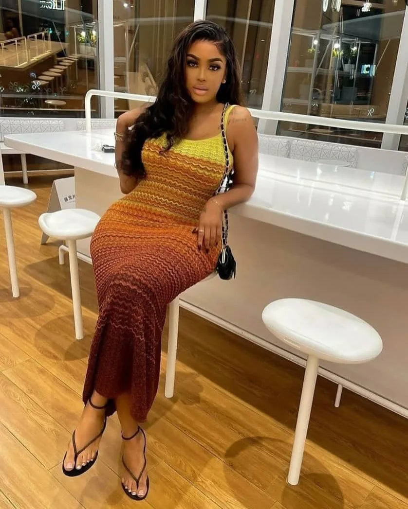 FAGADOER Summer Fashion Knitting Bodycon Maxi Dress Women Rainbow Color Spaghetti Strap Long Dress Female Streetwear Vestidos