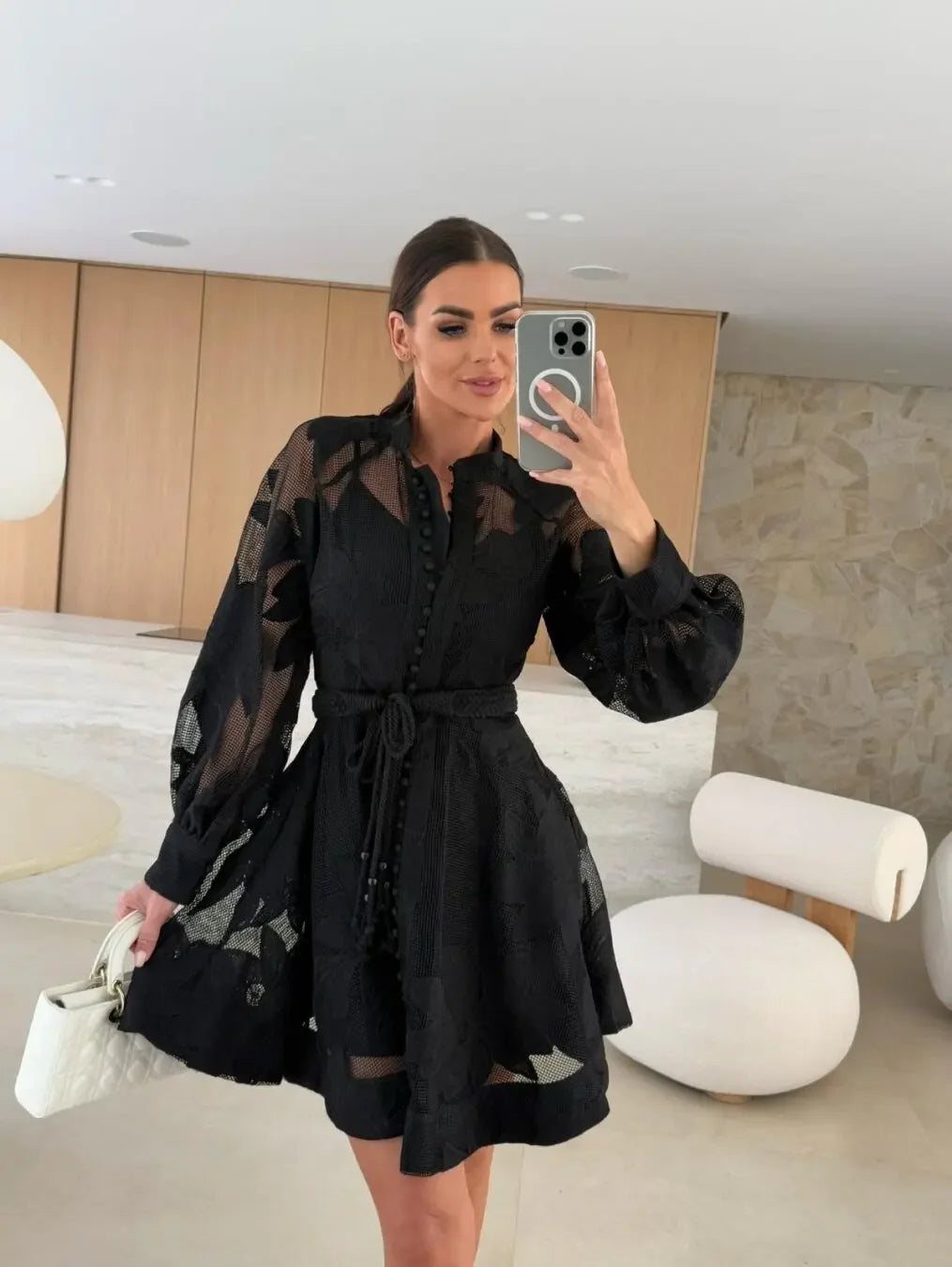 Fashionable Ins Embroidered Lace Dress Cross-Border Independent Station Floral Midi Skirt Polyester Fiber Full Sleeve