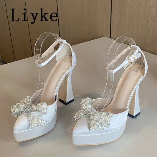 Liyke Ins Style Pearl Butterfly-Knot Women High Heels Sandals Sexy Thick Bottom Pointed Toe Platform Pumps Wedding Banquet Shoes