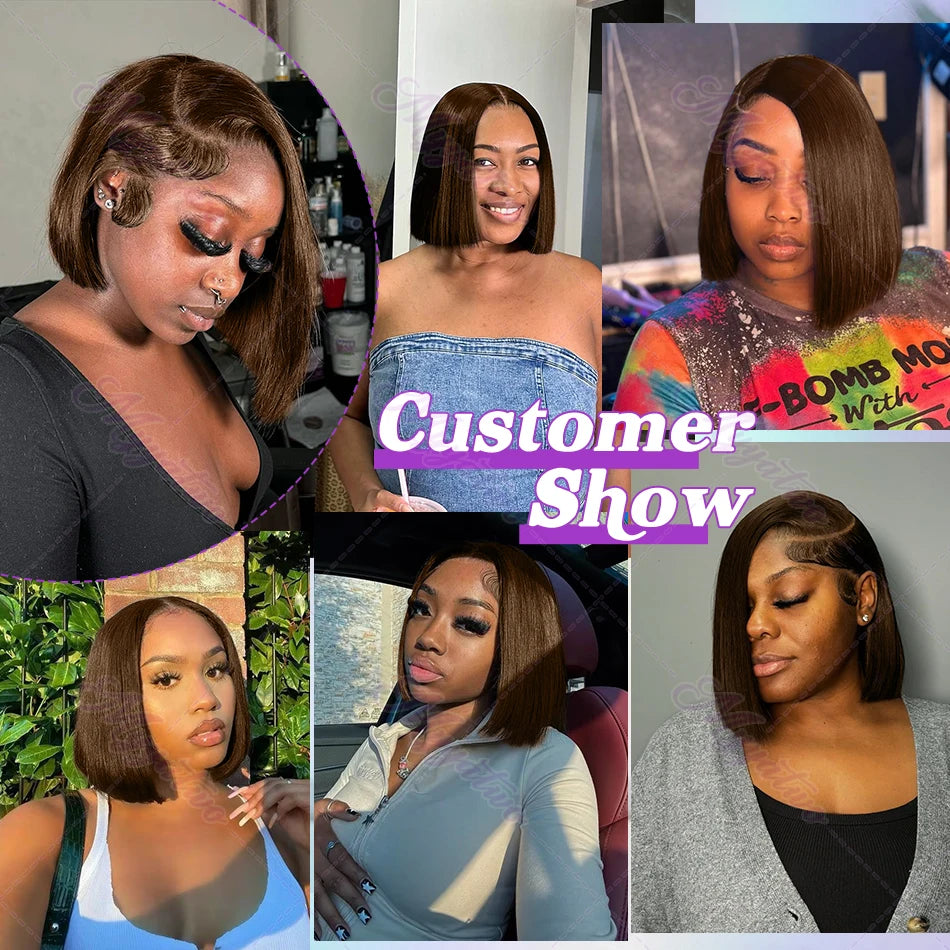 Brazilian  250 Density Short Bob 13x4 HD Transparent Lace Front Human Hair Wig Chocolate Brown Straight 13x5 Lace Frontal Wigs
