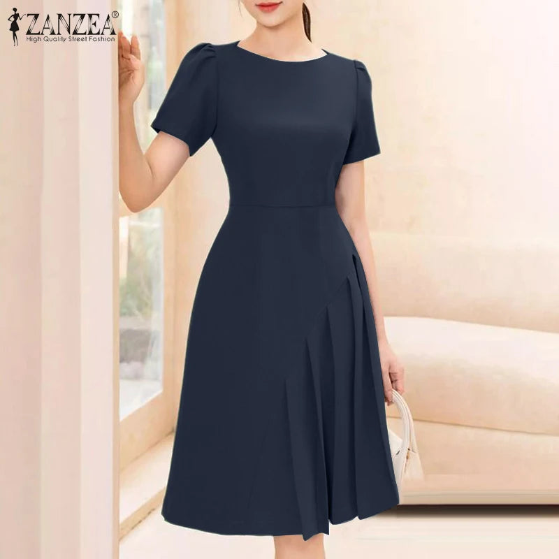 Elegant Pleated Dress ZANZEA Summer O Neck Short Sleeve Sundress Women Stylish Casual Work Party Vestidos Solid Knee Length Robe