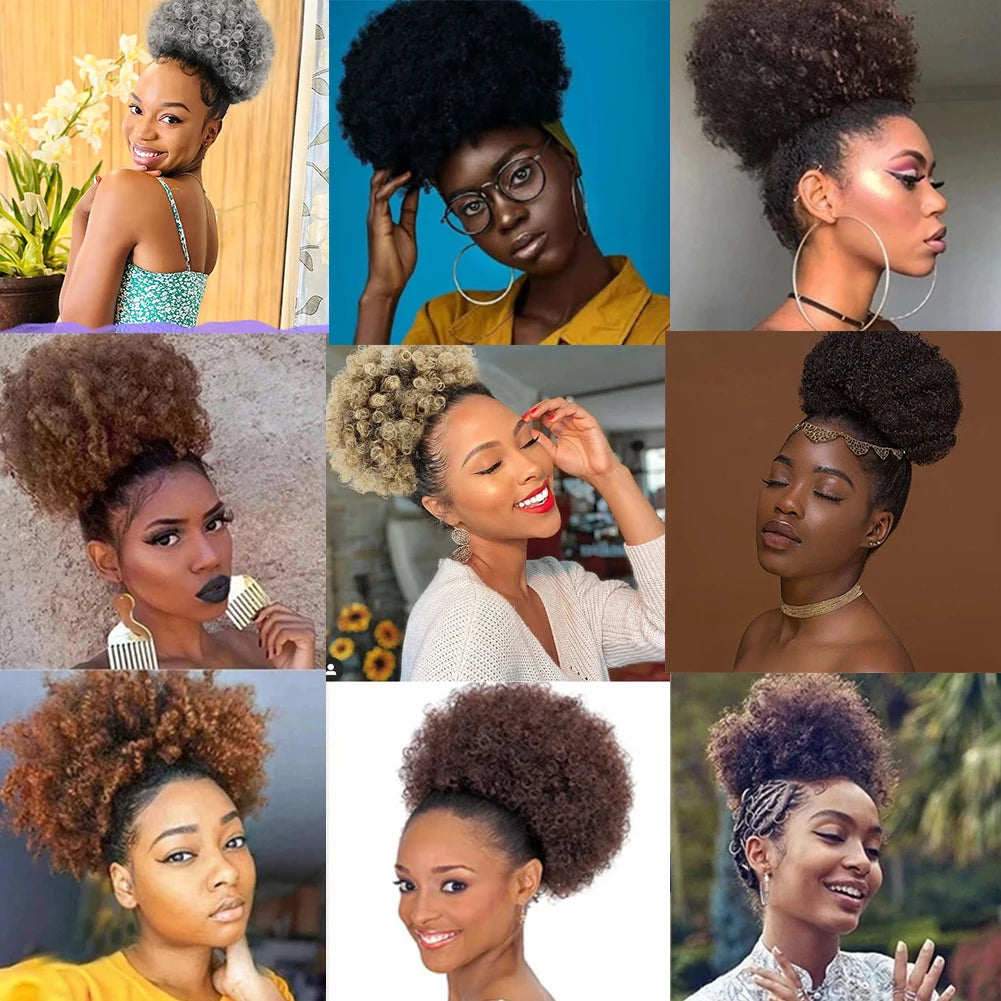 Afro Puff Drawstring Ponytail Extension for Black Women, Black Short Synthetic Afro Puff Ponytail for Natural Hair, Clip On Kink
