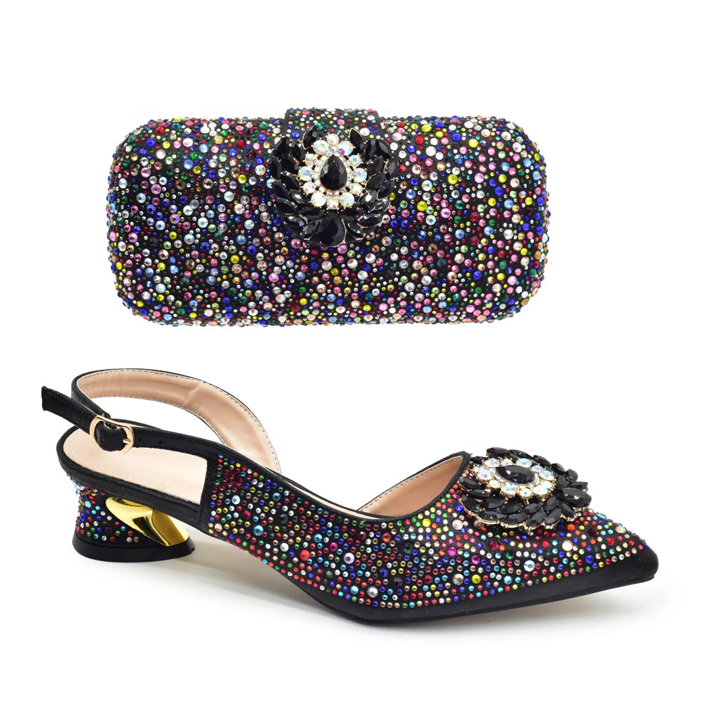 New Italian Shoe and Bag 2024 High Quality Luxury Full Diamond Italian Shoes and Bags Matching Set Decorated with Rhinestone