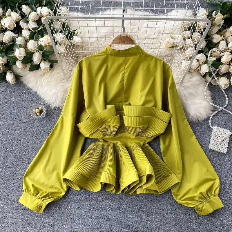 XFPV Women Puff Sleeve Pleated Ruffle Solid Casual Blouse Patchwork Y2k Top Slim Waist Shirt Sweet Summer Spring 2025 SM2983