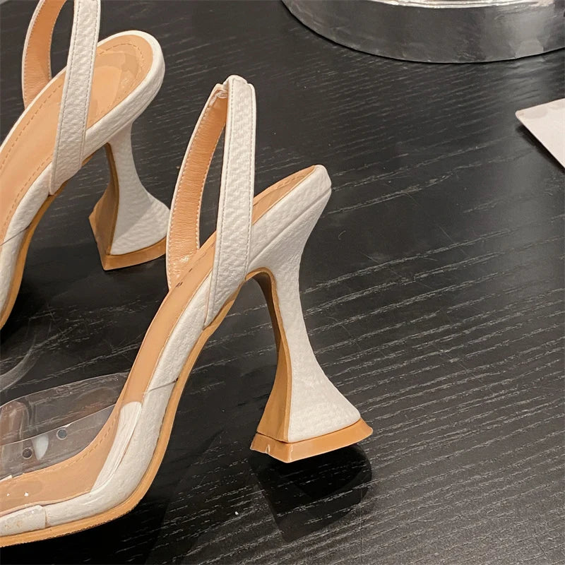 Liyke Fashion Design White Pearl Bowknot Women Pumps Sexy Pointed Toe High Heels Wedding Prom Shoe PVC Transparent Sandal Female