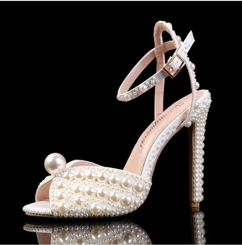 2024 Autumn New Fish Mouth High Heels Slim Heels Shallow Mouth Water Diamond Pearl Women's Single Shoes Wedding Wedding Shoes
