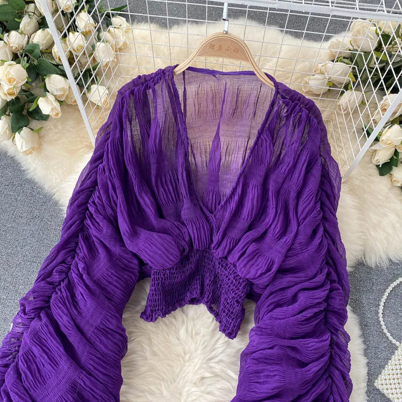 Women Sexy Chiffon Short Blouse Female See Through Super Long Sleeve Blusas Purple/Green/Black/White Folds Party Tops 2022 New