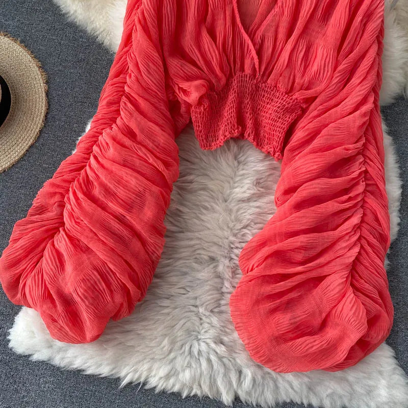 Women Sexy Chiffon Short Blouse Female See Through Super Long Sleeve Blusas Purple/Green/Black/White Folds Party Tops 2022 New