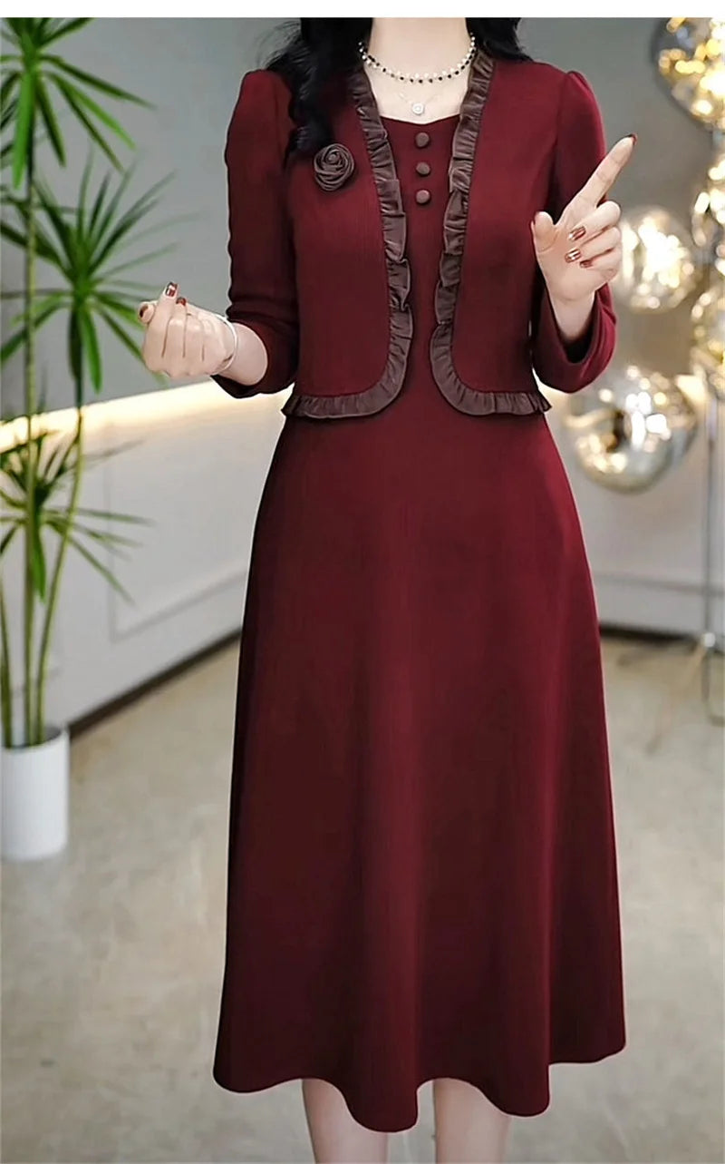 Autumn Winter Add Velvet Long Dress Women Fake Two Pieces Long Sleeve Dress High End Elegant Mother Wedding Party Dress Vestidos