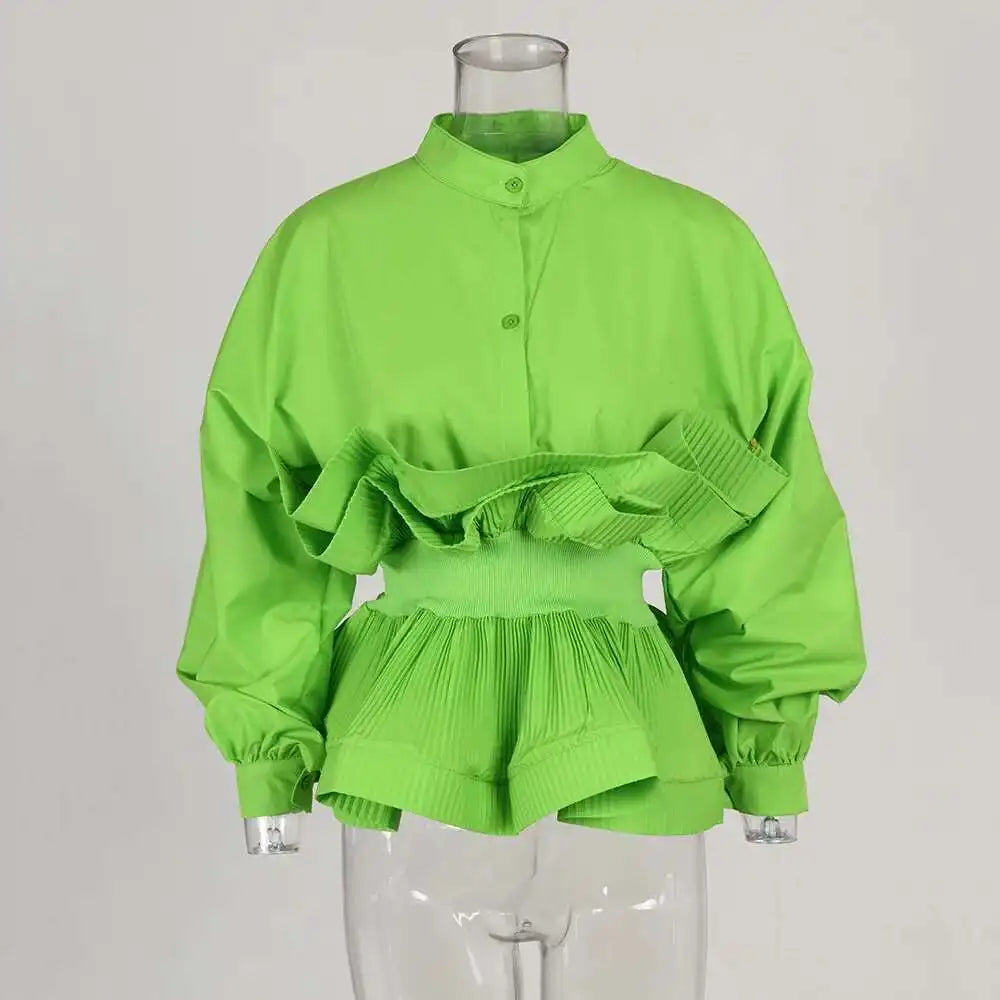 XFPV Women Puff Sleeve Pleated Ruffle Solid Casual Blouse Patchwork Y2k Top Slim Waist Shirt Sweet Summer Spring 2025 SM2983