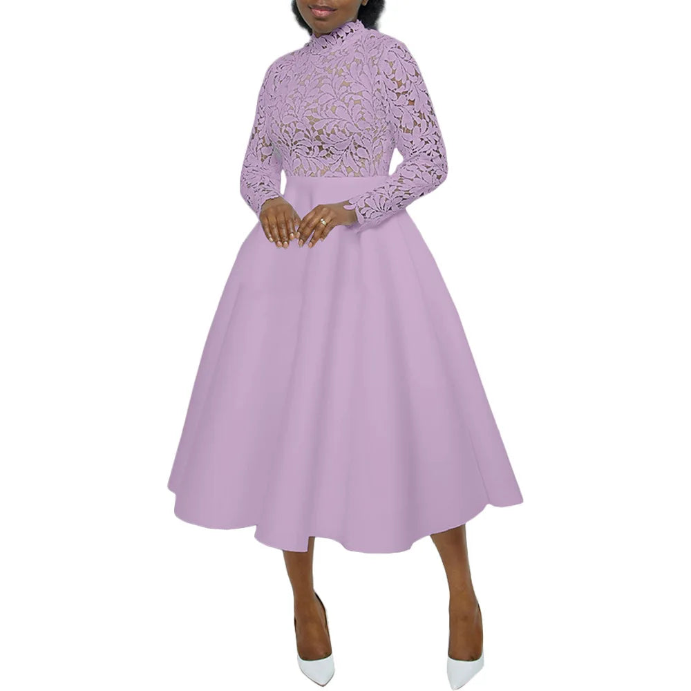 Women Long Dress A Line Dresses Lace Floral Party Night Wedding Mock Neck White Prom Hight Waist Slim Elegant Maxi Vestidos