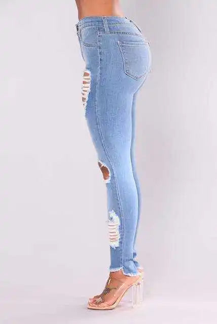 Europe and The United States New Fashion Elastic Ripped Pencil Jeans, Women's Spring and Autumn Slim-fit Small Leg Pants Jeans