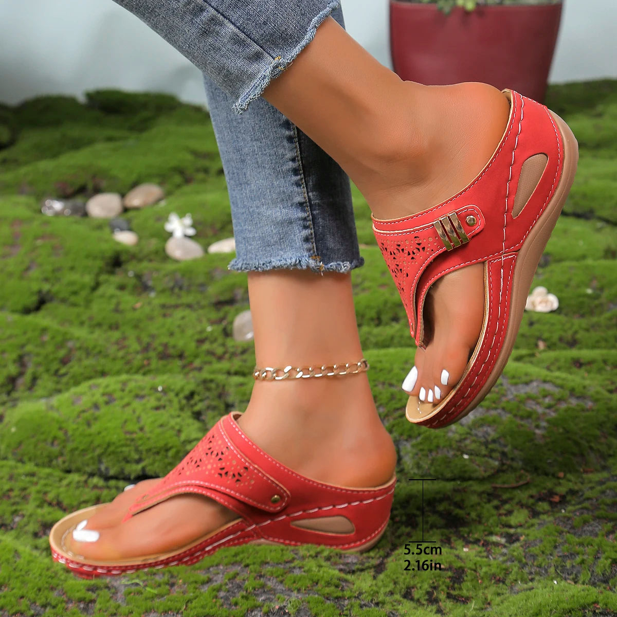 Women Wedge Platform Slippers 2025 Summer New Clip Toe Orthopedic Arch Support Sandals Pu Leather Non-Slip Soft Shoes Flip Flops