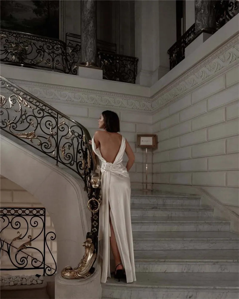 Mozision Satin Backless Sexy Maxi Dress For Women Elegant Rose Thigh High Split Beach Holiday Long Dress Gorgeous Club Gown