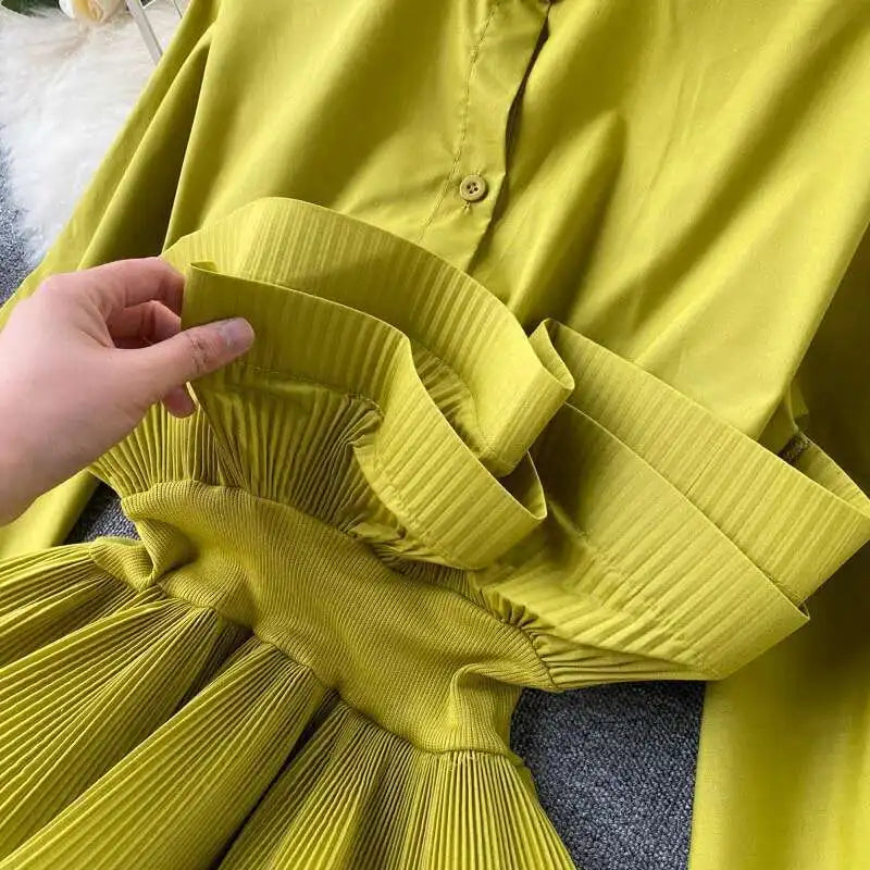 XFPV Women Puff Sleeve Pleated Ruffle Solid Casual Blouse Patchwork Y2k Top Slim Waist Shirt Sweet Summer Spring 2025 SM2983