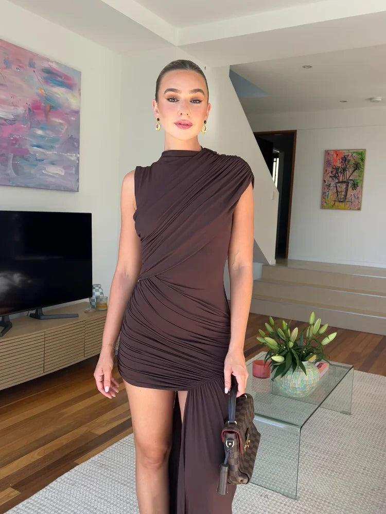 Irregular One Shoulder Pleated Dress Women's Vintage Mock Neck Slim Fit Mini Vestidos 2025 Lady Summer Vacation Party Gowns New