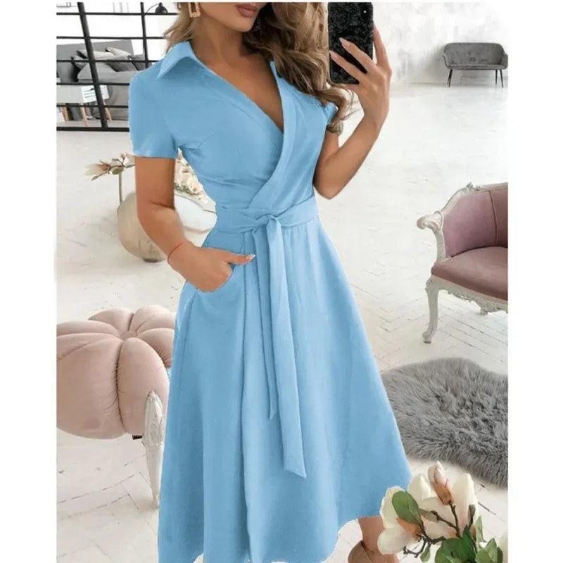 2023 Spring Autumn Dress Women Fashion Solid Slim Pocket Lace Up Dress Women Casual Printed Short Sleeve V-neck High Waist Dress